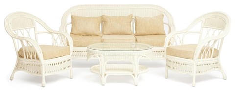 Комплект для отдыха MICHELLE (стол со стеклом+ диван + 2 кресла + подушки) TCH White (белый) арт.13336 в Саратове - изображение