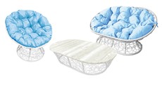 Комплект MAMASAN, Папасан и стол, с ротангом, белое/голубая подушка в Оренбурге
