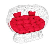 Кресло-кокон Лежебока на подставке с ротангом, белый/красная подушка в Екатеринбурге