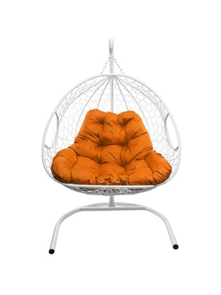 Подвесное кресло Для двоих ЛЮКС с ротангом белое (оранжевая подушка) в Екатеринбурге - изображение